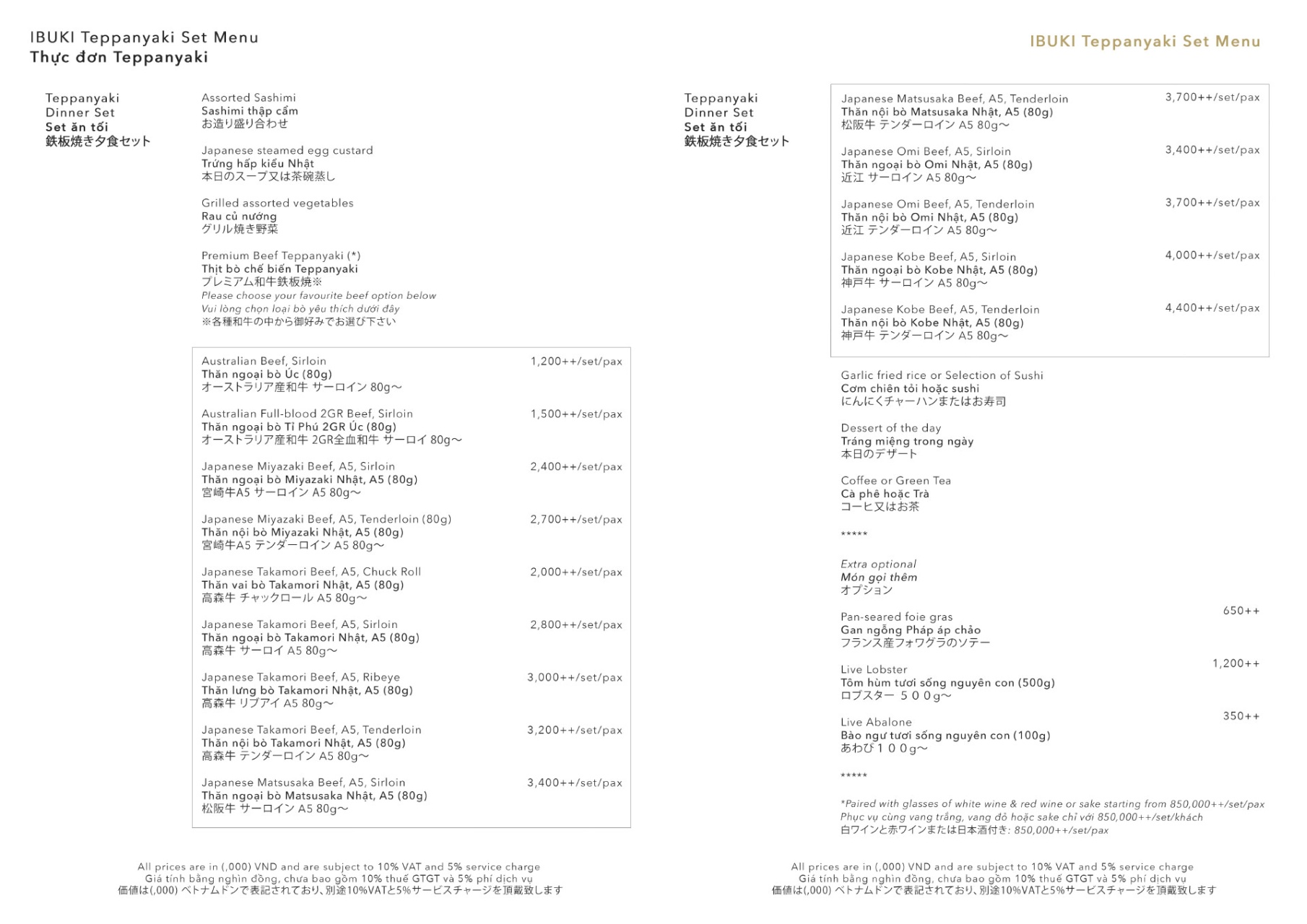 Teppanyaki Dinner Menu 2025